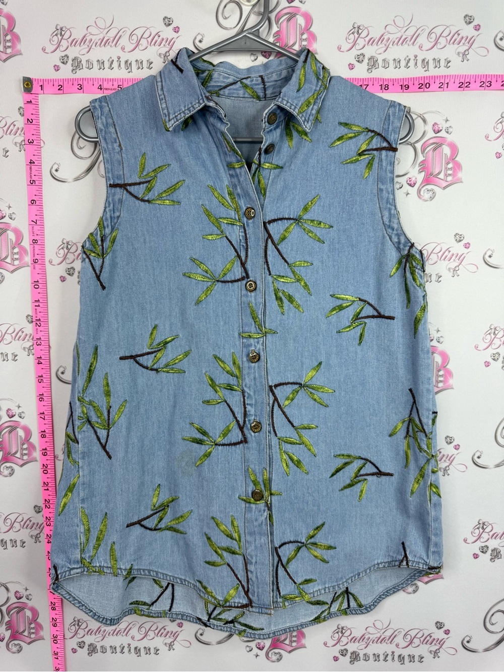 Sleeveless Embroidered Denim Shirt - Light Blue with Green Leaf Motif leafs